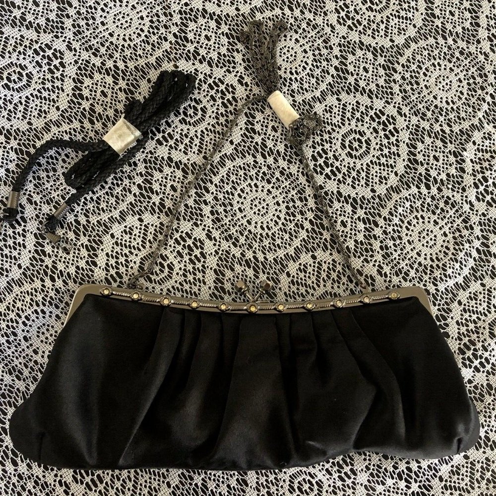 Vintage Black Satin Evening Bag Purse with Rhinestones